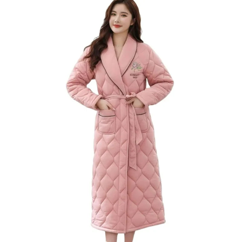 Peignoir de bain en éponge adulte-polyester-col-châle-moelleux-confortable-doux-manche-longue-mi-mollet-épais-printemps-automne-hiver-rose