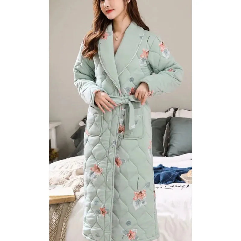 Peignoir_de_bain_en_éponge_adulte-polyester-col-châle-moelleux-confortable-doux-manche-longue-mi-mollet-épais-printemps-automne-hiver-vert