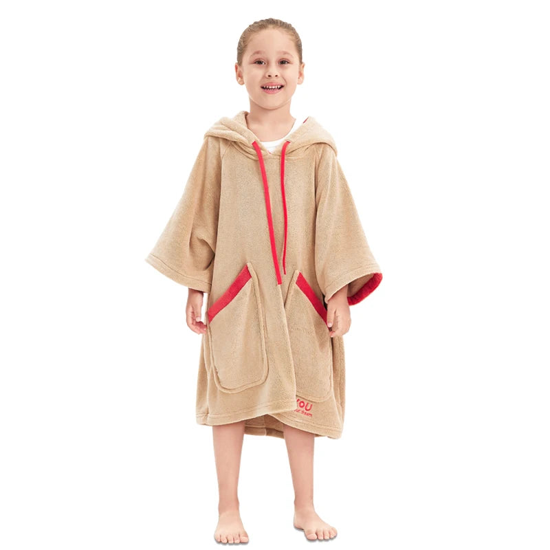 Peignoir de bain en éponge enfant fille-éponge-polyester-nylon-coton-capuche-manche-longue-mi-genou-absorbant-moelleux-épais-confortable-hiver-printemps-automne-rouge-beige