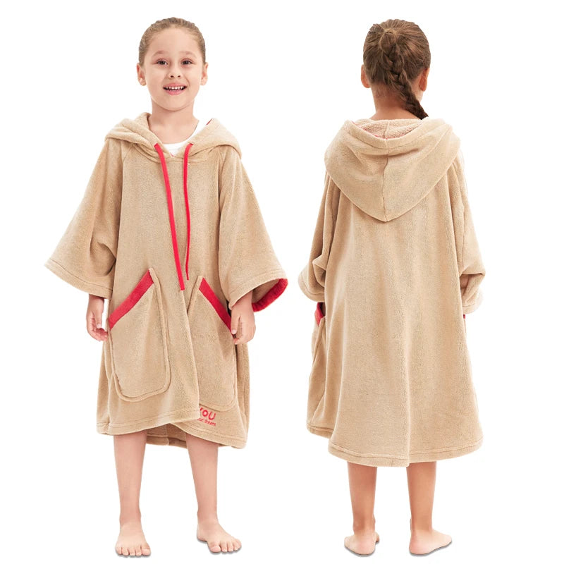 Peignoir de bain en éponge enfant fille-éponge-polyester-nylon-coton-capuche-manche-longue-mi-genou-absorbant-moelleux-épais-confortable-printemps-automne-hiver-beige-rouge