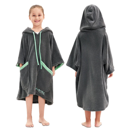 Peignoir de bain en éponge enfant fille-éponge-polyester-nylon-coton-capuche-manche-longue-mi-genou-absorbant-moelleux-confortable-épais-printemps-automne-hiver-vert-fonce