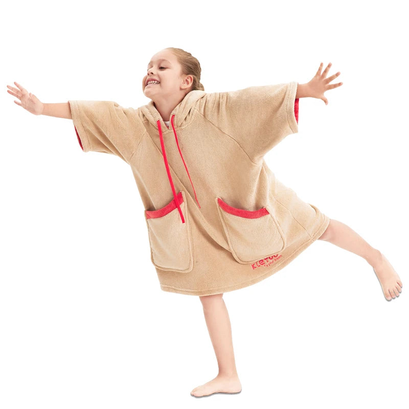Peignoir de bain en eponge enfant fille-eponge-polyester-nylon-coton-capuche-manche-longue-mi-genou-absorbant-moelleux-epais-confortable-printemps-hiver-automne-beige-rouge