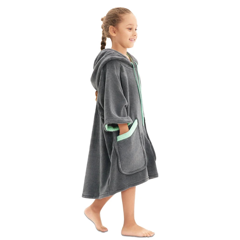 Peignoir de bain en éponge enfant fille-éponge-polyester-nylon-coton-capuche-manche-longue-mi-genou-absorbant-moelleux-épais-confortable-printemps-hiver-automne-vert