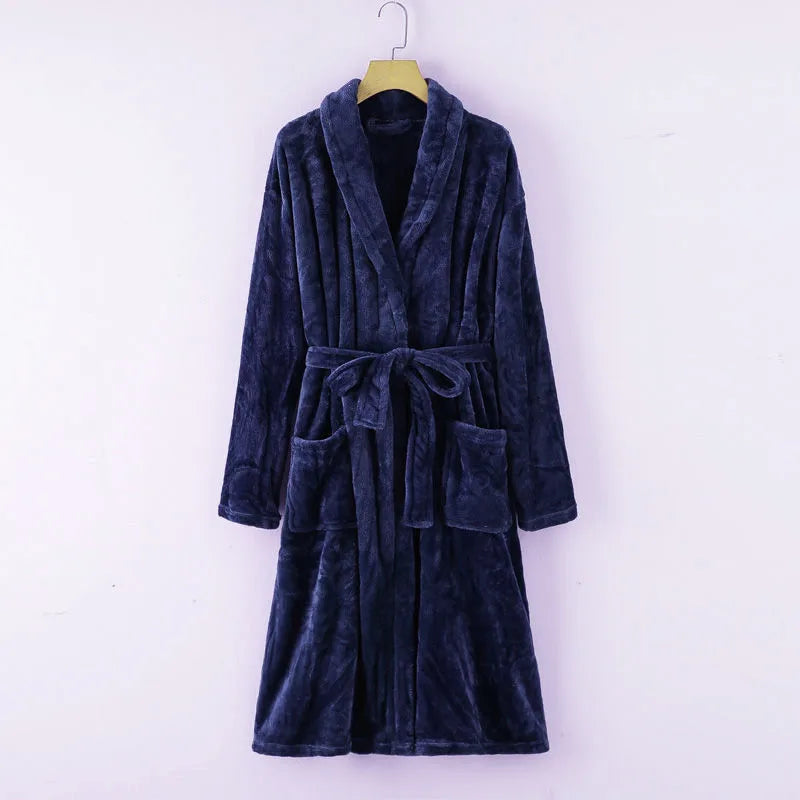Peignoir_de_bain_en_éponge_femme_personnalise-flanelle-coton-personnalisable-manche-longue-épais-motif-uni-mi-genou-col-châle-absorbant-moelleux-confortable-hiver-printemps-automne-bleu-marine
