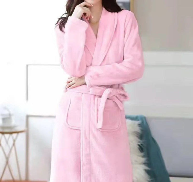 Peignoir_de_bain_en_éponge_femme_personnalise-flanelle-coton-personnalisable-manche-longue-épais-motif-uni-mi-genou-col-châle-absorbant-moelleux-confortable-hiver-printemps-automne-rose