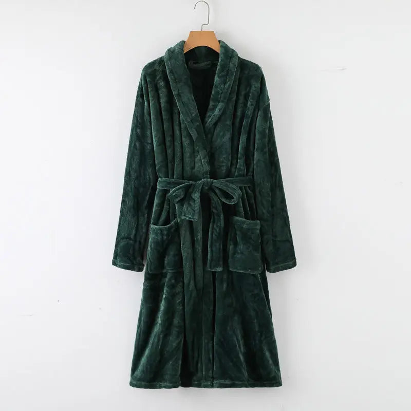 Peignoir_de_bain_en_éponge_femme_personnalise-flanelle-coton-personnalisable-manche-longue-épais-motif-uni-mi-genou-col-châle-absorbant-moelleux-confortable-hiver-printemps-automne-vert
