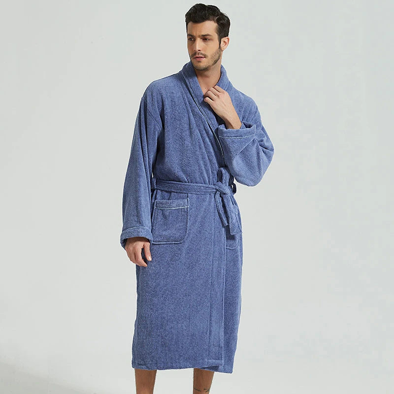 Peignoir_de_bain_en_éponge_homme-coton-éponge-manche-longue-col-V-mi-mollet-doux-confortable-hiver-printemps-automne-bleu