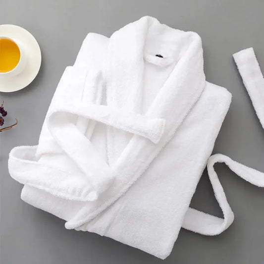 Peignoir de bain en éponge homme-coton-éponge-manche-longue-col-V-mi-mollet-doux-confortable-printemps-automne-hiver-blanc