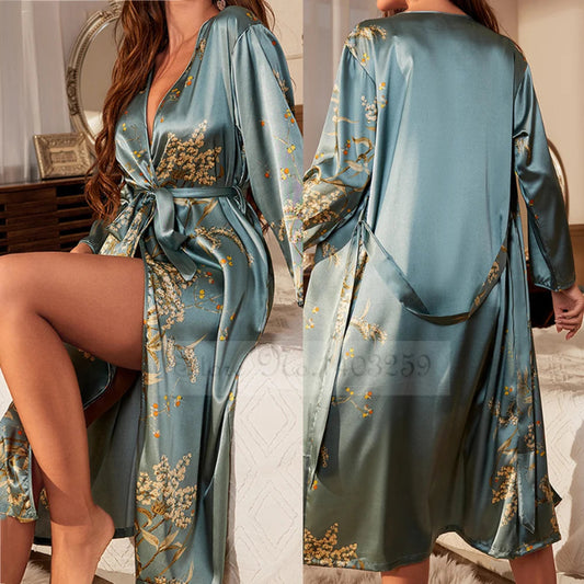 Peignoir de bain en satin-satin-polyester-fausse-soie-col-V-léger-mi-mollet-doux-manche-longue-confortable-moelleux-motif-floral-printemps-automne-été-vert