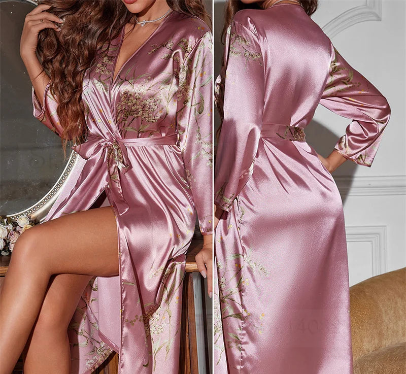 Peignoir de bain en satin-satin-polyester-fausse-soie-col-V-léger-mi-mollet-doux-manche-longue-confortable-moelleux-motif-floral-printemps-automne-été-violet