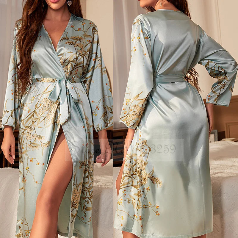 Peignoir de bain en satin-satin-polyester-fausse-soie-col-V-léger-mi-mollet-doux-manche-longue-confortable-moelleux-motif-floral-printemps-été-automne-vert
