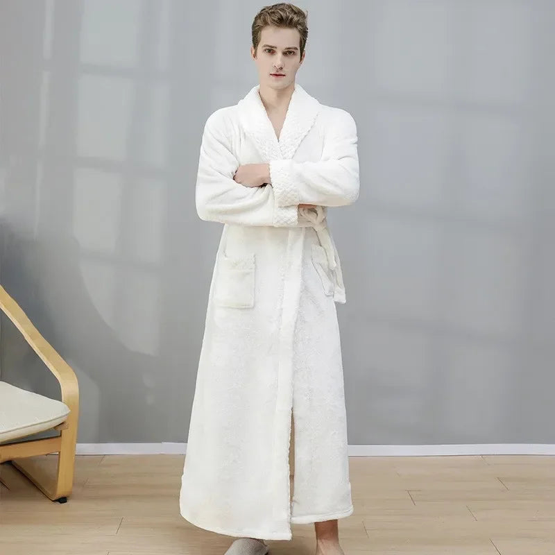 Peignoir de bain en solde-polaire-toison-épais-col-châle-manche-longue-doux-longueur-cheville-confortable-moelleux-hiver-printemps-automne-blanc