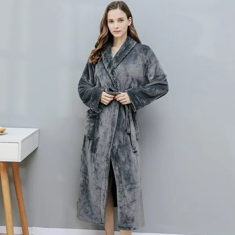 Peignoir de bain en solde-polaire-toison-épais-col-châle-manche-longue-doux-longueur-cheville-confortable-moelleux-hiver-printemps-automne-gris