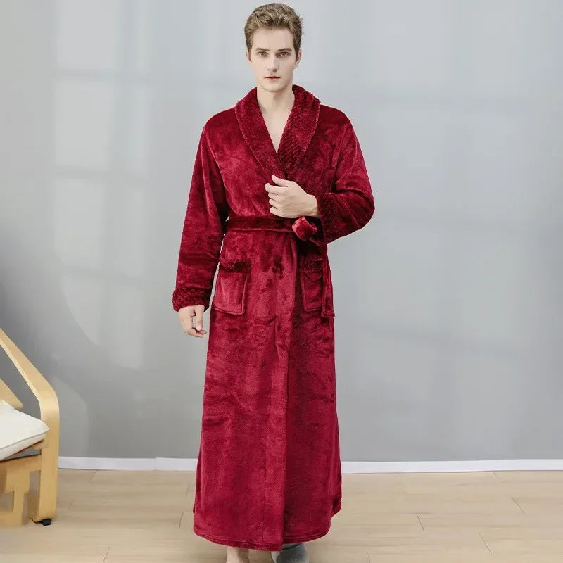 Peignoir de bain en solde-polaire-toison-épais-col-châle-manche-longue-doux-longueur-cheville-confortable-moelleux-hiver-printemps-automne-rouge