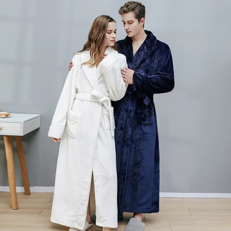 Peignoir de bain en solde-polaire-toison-épais-col-châle-manche-longue-doux-longueur-cheville-confortable-moelleux-printemps-automne-hiver-blanc-bleu