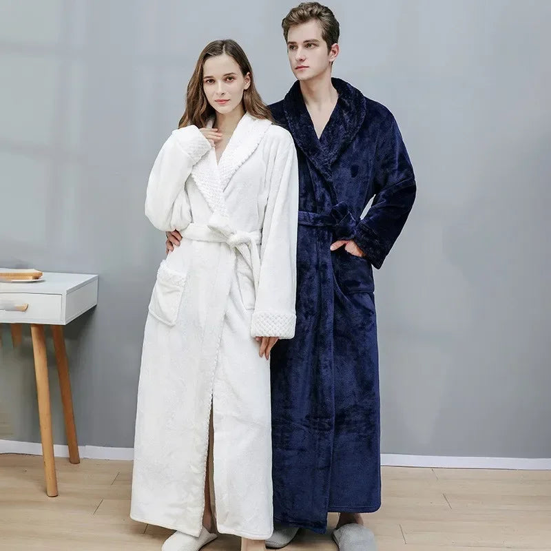 Peignoir de bain en solde-polaire-toison-épais-col-châle-manche-longue-doux-longueur-cheville-confortable-moelleux-printemps-automne-hiver-bleu-blanc