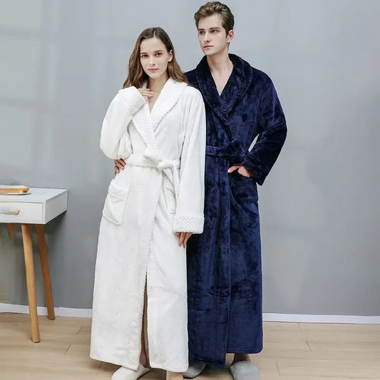 Peignoir de bain en solde-polaire-toison-épais-col-châle-manche-longue-doux-longueur-cheville-confortable-moelleux-printemps-automne-hiver-bleu-blanc