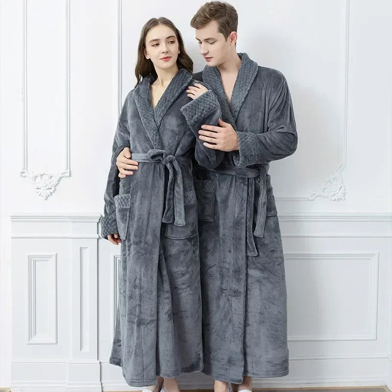 Peignoir de bain en solde-polaire-toison-épais-col-châle-manche-longue-doux-longueur-cheville-confortable-moelleux-printemps-automne-hiver-gris