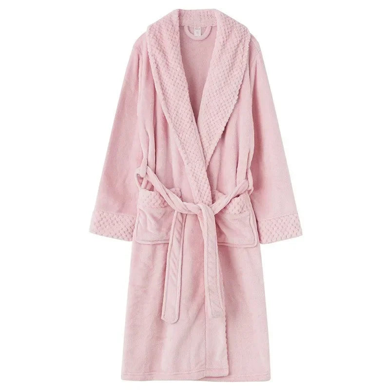 Peignoir de bain en solde-polaire-toison-épais-col-châle-manche-longue-doux-longueur-cheville-confortable-moelleux-printemps-automne-hiver-rose