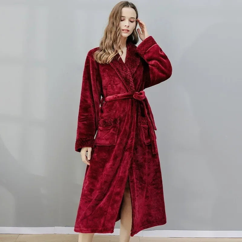 Peignoir de bain en solde-polaire-toison-épais-col-châle-manche-longue-doux-longueur-cheville-confortable-moelleux-printemps-automne-hiver-rouge