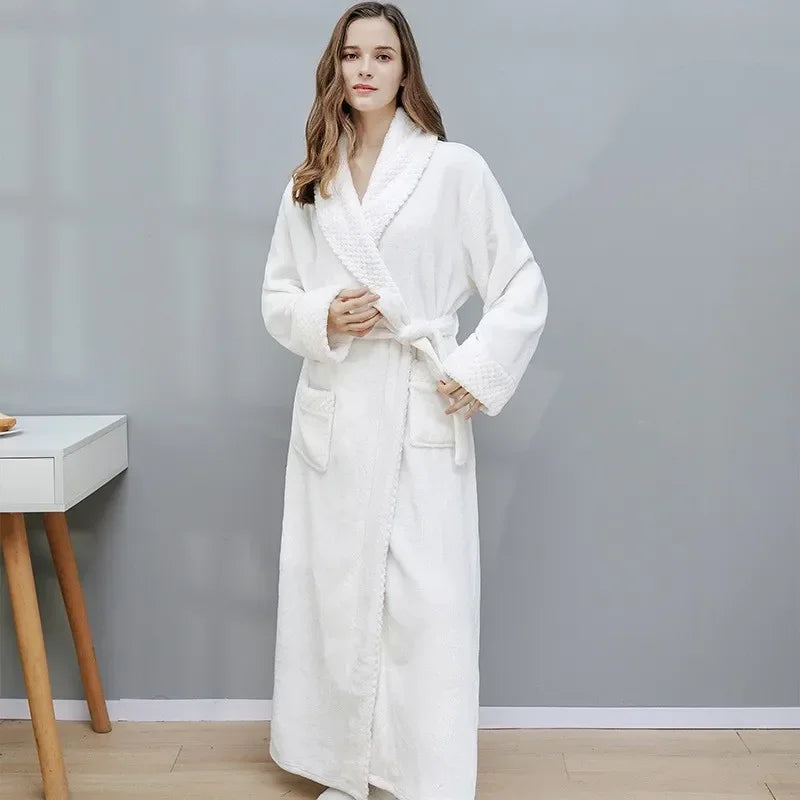 Peignoir de bain en solde-polaire-toison-épais-col-châle-manche-longue-doux-longueur-cheville-confortable-moelleux-printemps-hiver-automne-blanc