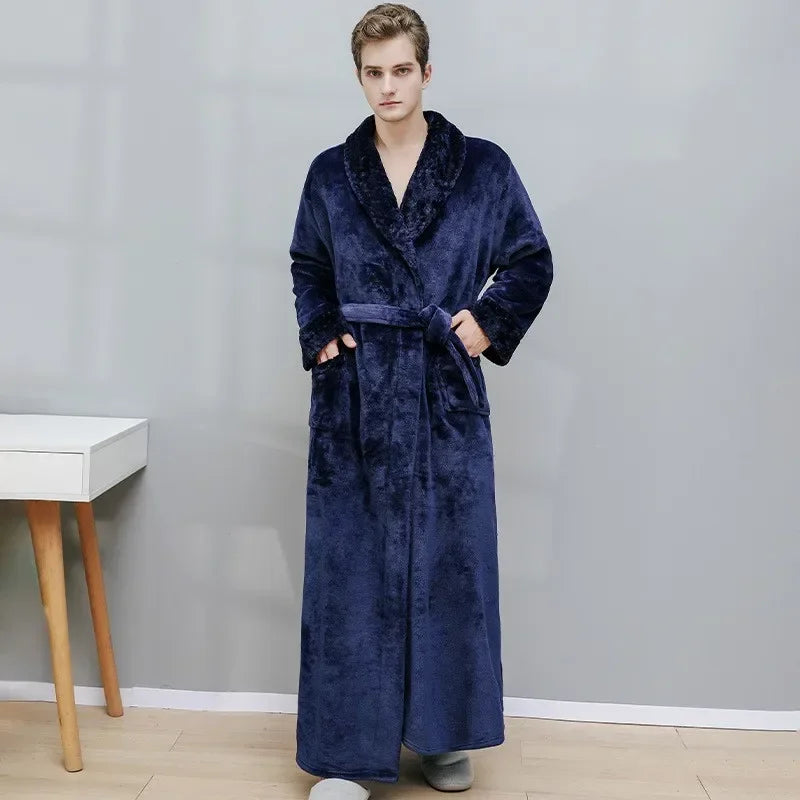 Peignoir de bain en solde-polaire-toison-épais-col-châle-manche-longue-doux-longueur-cheville-confortable-moelleux-printemps-hiver-automne-bleu-marine