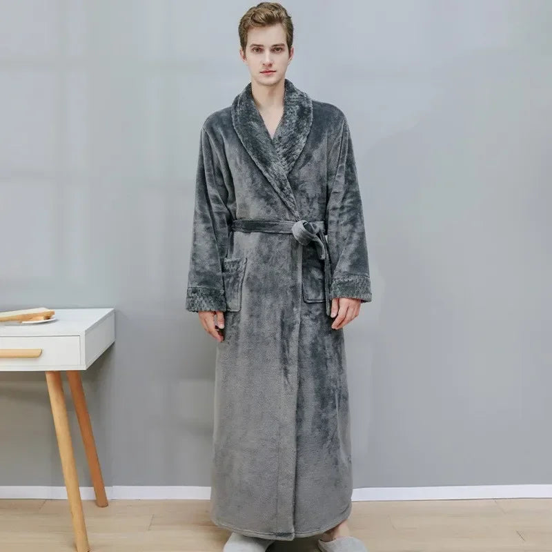 Peignoir de bain en solde-polaire-toison-épais-col-châle-manche-longue-doux-longueur-cheville-confortable-moelleux-printemps-hiver-automne-gris