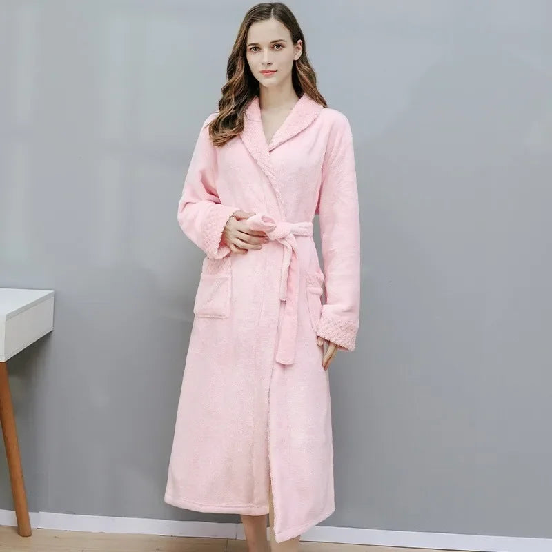 Peignoir de bain en solde-polaire-toison-épais-col-châle-manche-longue-doux-longueur-cheville-confortable-moelleux-printemps-hiver-automne-rose