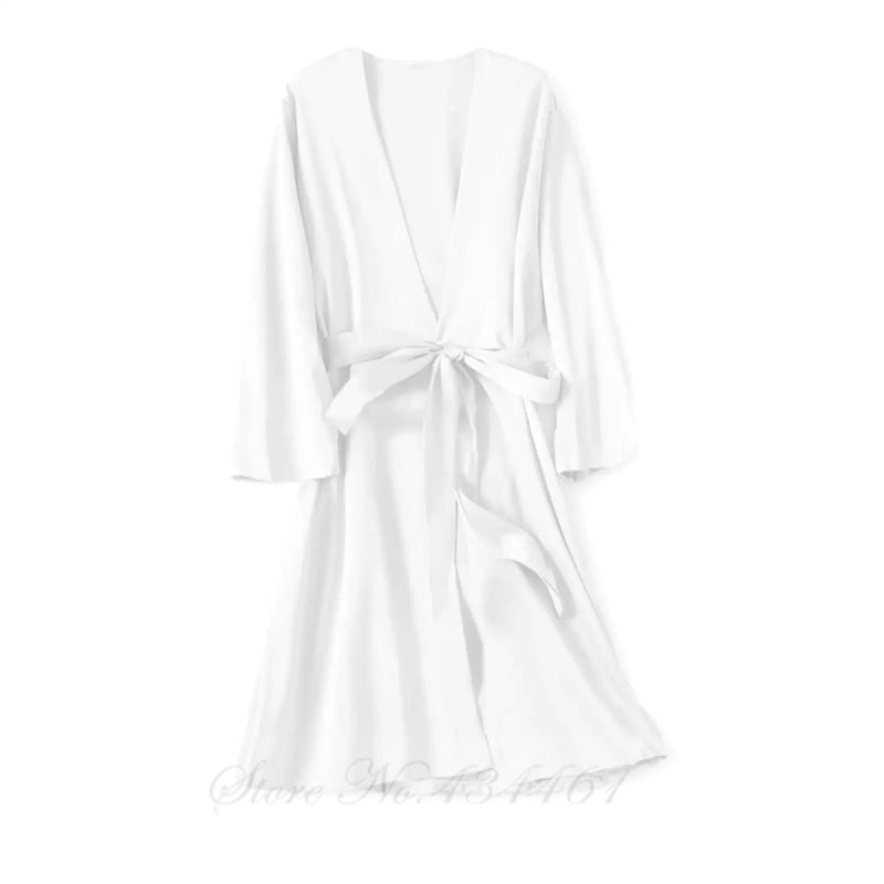 Peignoir de bain en viscose-satin-polyester-viscose-manche-longue-léger-mi-genou-col-V-absorbant-été-moelleux--confortable-printemps-blanc