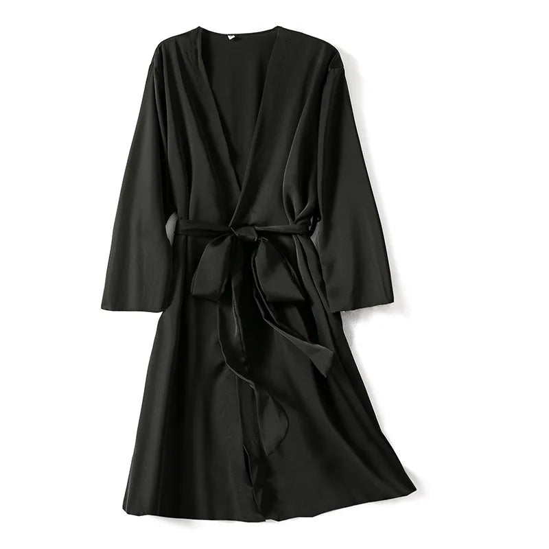 Peignoir de bain en viscose-satin-polyester-viscose-manche-longue-léger-mi-genou-col-V-absorbant-été-moelleux--confortable-printemps-noir