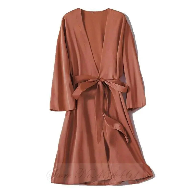 Peignoir de bain en viscose-satin-polyester-viscose-manche-longue-léger-mi-genou-col-V-absorbant-été-moelleux--confortable-printemps-orange