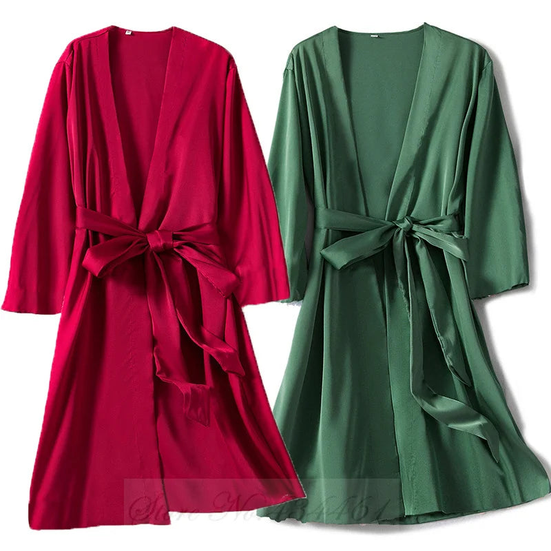 Peignoir de bain en viscose-satin-polyester-viscose-manche-longue-léger-mi-genou-col-V-absorbant-moelleux-confortable-printemps-été-rouge-vert
