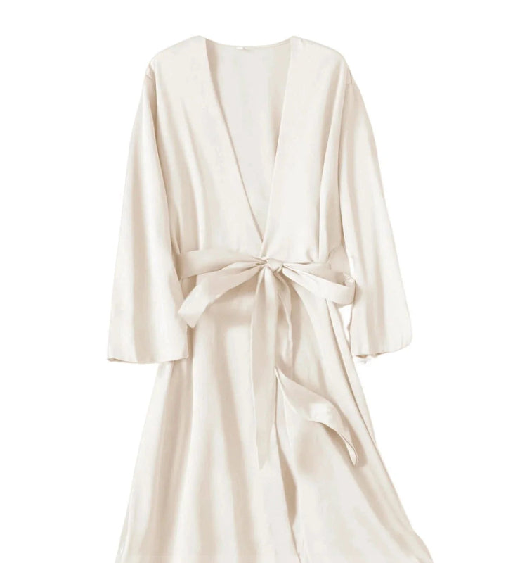 Peignoir de bain en viscose-satin-polyester-viscose-manche-longue-léger-mi-genou-col-V-absorbant-moelleux-été-confortable-printemps-beige