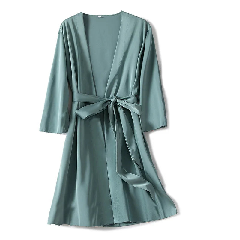 Peignoir de bain en viscose-satin-polyester-viscose-manche-longue-léger-mi-genou-col-V-absorbant-moelleux-été-confortable-printemps-bleu