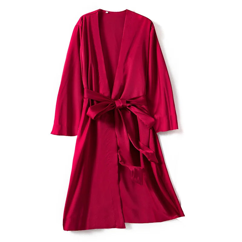 Peignoir de bain en viscose-satin-polyester-viscose-manche-longue-léger-mi-genou-col-V-absorbant-moelleux-été-confortable-printemps-rouge