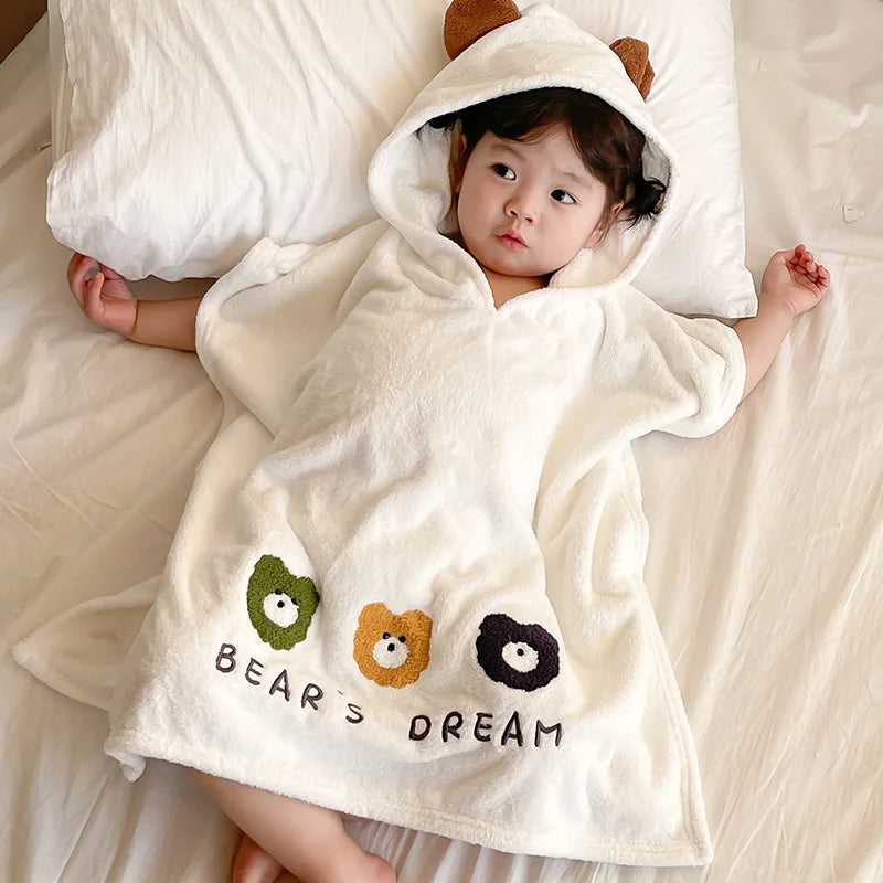 Peignoir de bain enfant 100 coton-coton-polyester-corail-capuche-motif-animal-manche-courte-doux-confortable-moelleux-printemps-automne-hiver-blanc-marron