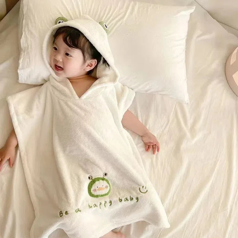 Peignoir de bain enfant 100 coton-coton-polyester-corail-capuche-motif-animal-manche-courte-doux-confortable-moelleux-printemps-automne-hiver-blanc-vert