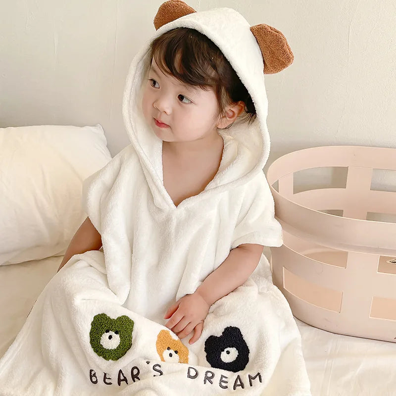 Peignoir de bain enfant 100 coton-coton-polyester-corail-capuche-motif-animal-manche-courte-doux-confortable-moelleux-printemps-automne-hiver-blanc