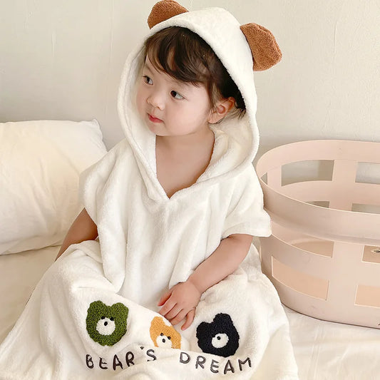 Peignoir de bain enfant 100 coton-coton-polyester-corail-capuche-motif-animal-manche-courte-doux-confortable-moelleux-printemps-automne-hiver-blanc
