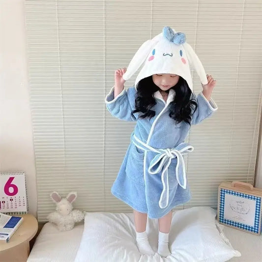 Peignoir de bain enfant chat personnalisé-flanelle-coton-polyester-capuche-motif-animal-manche-longue-épais-mi-mollet-doux-confortable-moelleux-éponge-printemps-automne-hiver-bleu-blanc