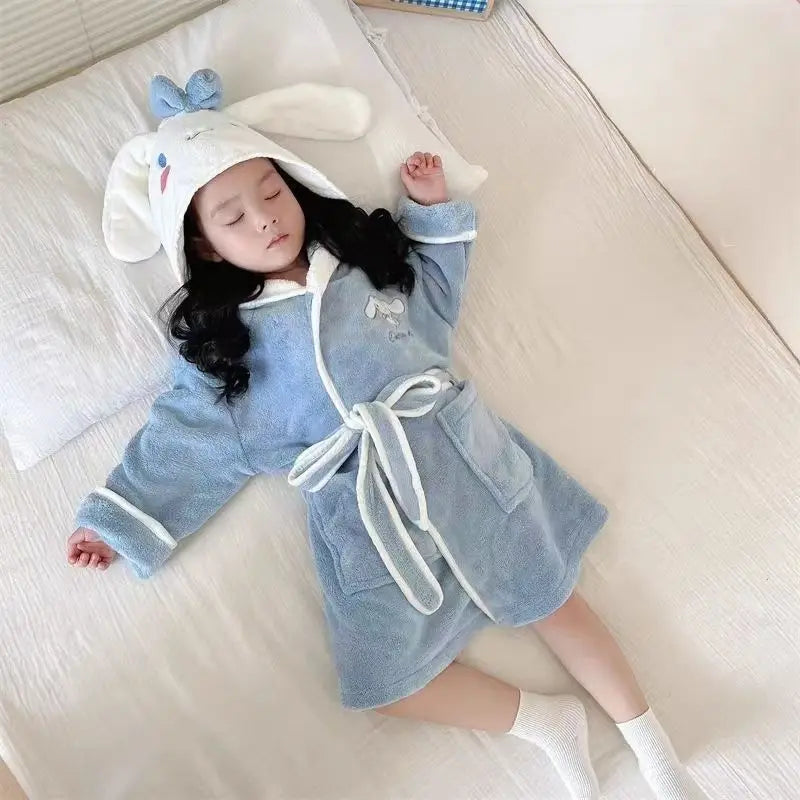 Peignoir de bain enfant chat personnalisé-flanelle-coton-polyester-capuche-motif-animal-manche-longue-épais-mi-mollet-doux-confortable-moelleux-éponge-printemps-automne-hiver-blanc-bleu
