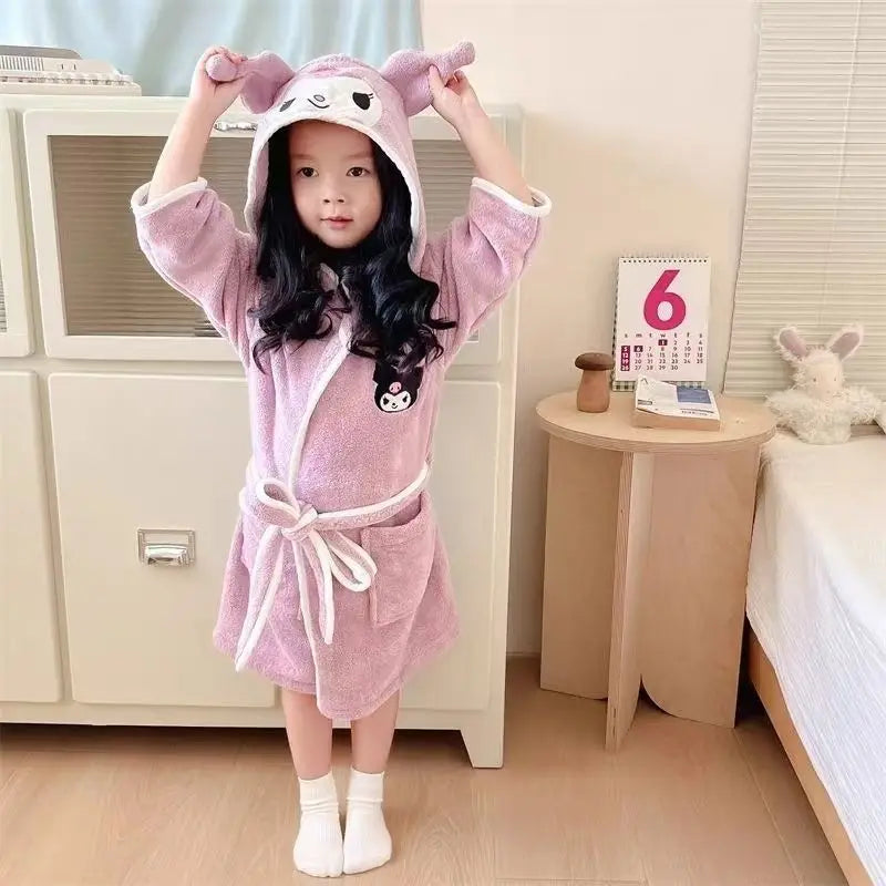 Peignoir de bain enfant chat personnalisé-flanelle-coton-polyester-capuche-motif-animal-manche-longue-épais-mi-mollet-doux-confortable-moelleux-éponge-printemps-automne-hiver-blanc-violet