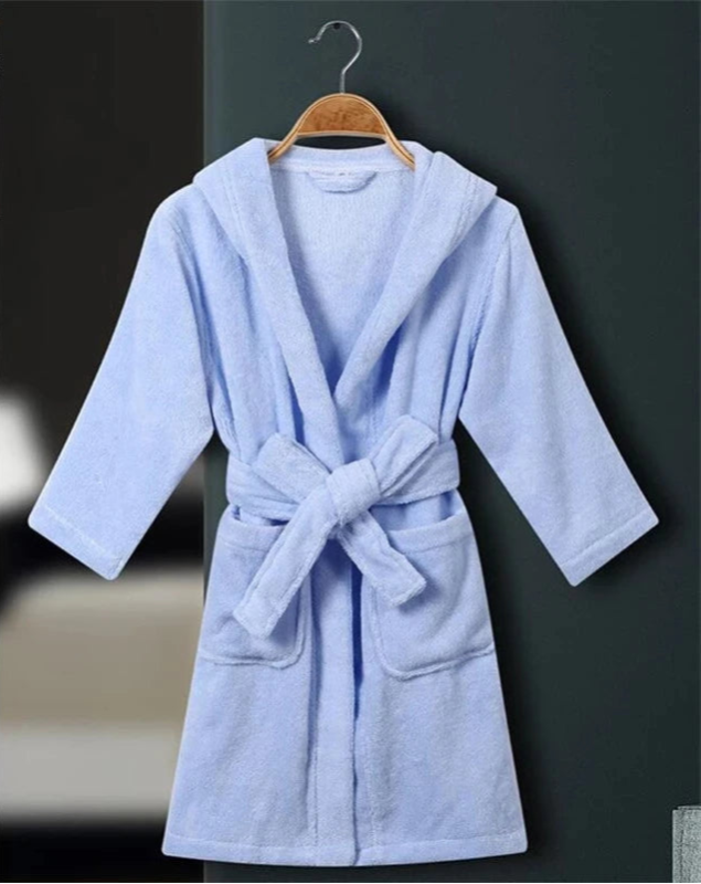 Peignoir de bain enfant coton bio-coton-capuche-manche-longue-épais-mi-mollet-doux-confortable-moelleux-éponge-hiver-printemps-automne-bleu-ciel