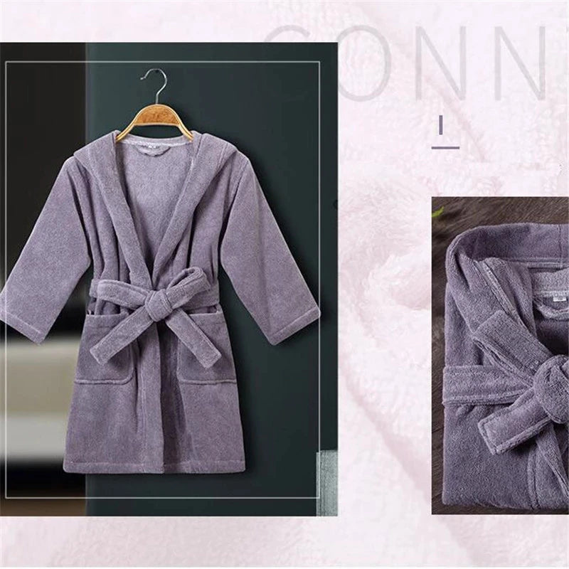 Peignoir de bain enfant coton bio-coton-capuche-manche-longue-épais-mi-mollet-doux-confortable-moelleux-éponge-hiver-printemps-automne-gris
