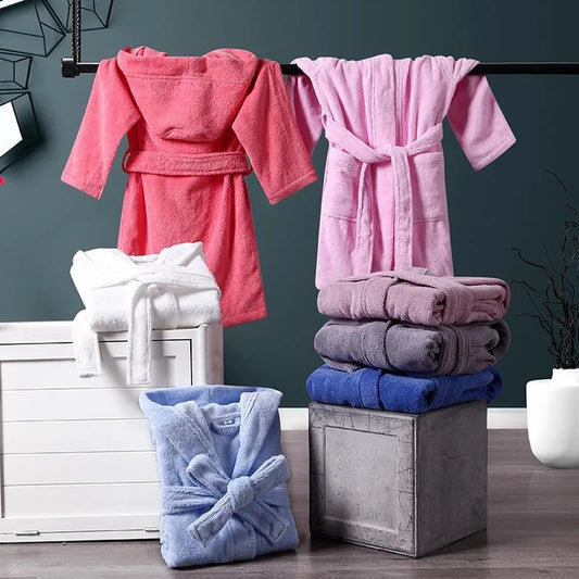 Peignoir de bain enfant coton bio-coton-capuche-manche-longue-épais-mi-mollet-doux-confortable-moelleux-éponge-hiver-printemps-automne