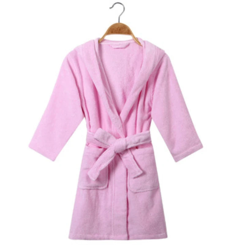 Peignoir de bain enfant coton bio-coton-capuche-manche-longue-épais-mi-mollet-doux-confortable-moelleux-éponge-printemps-hiver-automne-rose