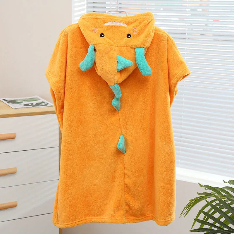 Peignoir de bain enfant dinosaure-capuche-motif-animal-sans-manche-forme-rectangulaire-doux-moelleux-confortable-printemps-automne-ete-orange-jaune