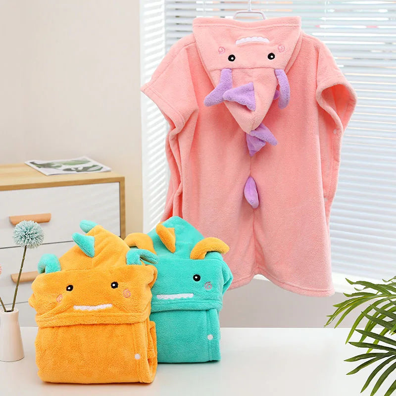 Peignoir de bain enfant dinosaure-capuche-motif-animal-sans-manche-forme-rectangulaire-doux-moelleux-confortable-printemps-automne-ete-orange