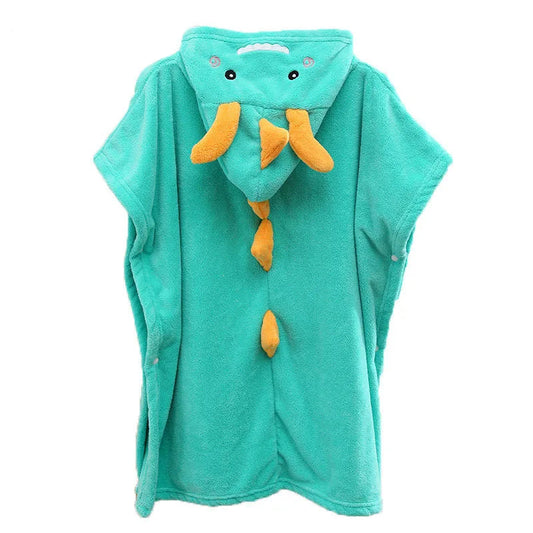 Peignoir de bain enfant dinosaure-capuche-motif-animal-sans-manche-forme-rectangulaire-doux-moelleux-confortable-printemps-automne-ete-vert