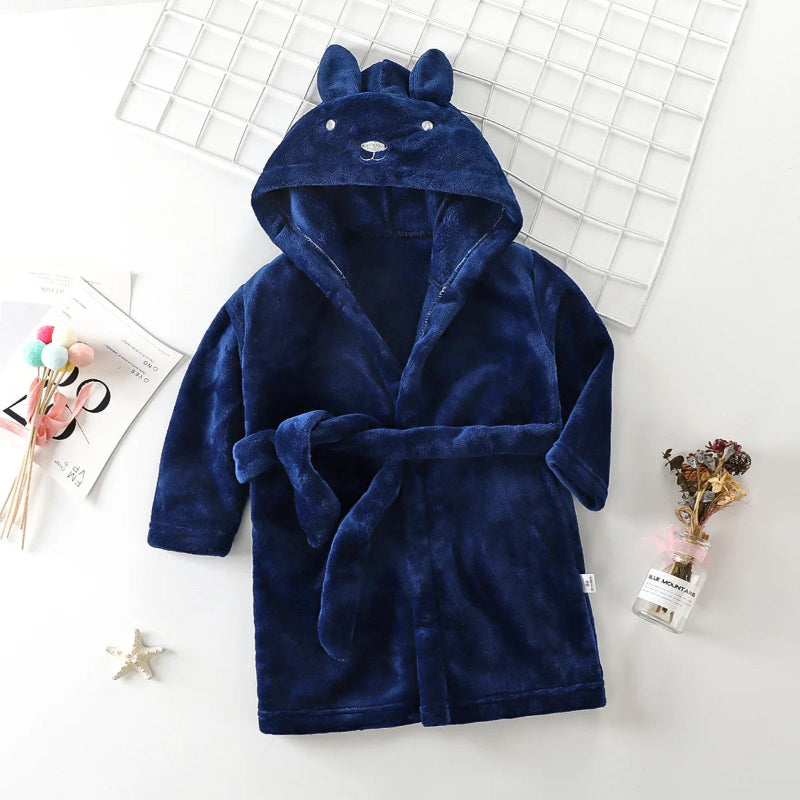 Peignoir de bain enfant personnalisé-coton-corail-capuche-motif-animal-manche-longue-mi-mollet-doux-confortable-moelleux-caupche-motif-animal-personnalisable-printemps-automne-hiver-bleu